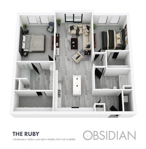Floor plan for 2 beds, 2 baths, 1166 sqft